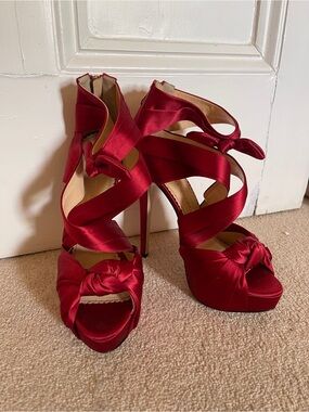 Charlotte Olympia Red Satin Wrap Strappy Stiletto Sandals